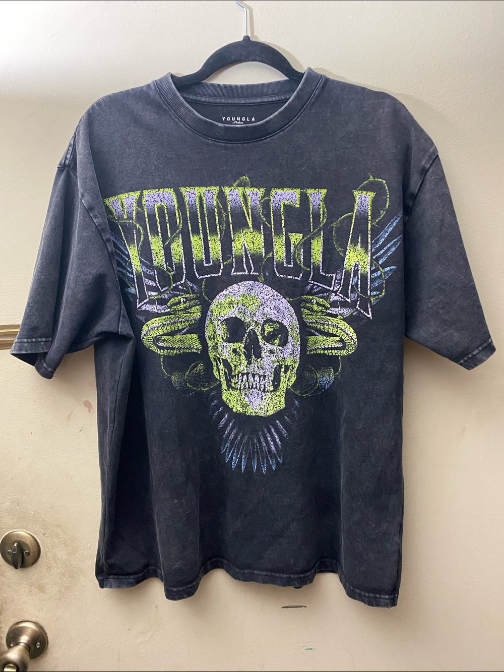 YoungLA Black Graphic Skull Tee with Neon Green & Purple Accents
